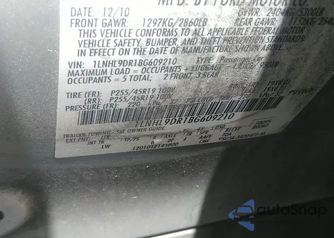 2011 Lincoln Mks из США, поврежденный, VIN 1LNHL9DR1BG609210